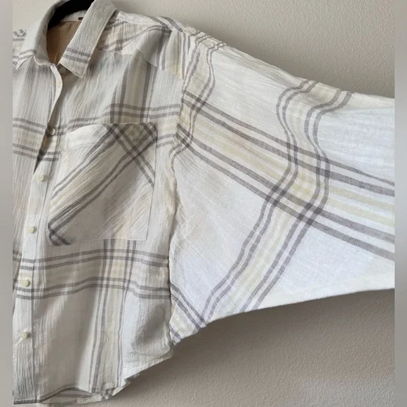 FREE PEOPLE Cutie Plaid Button Down Shirt Top Blouse Dolman Sleeves Ivory SM - Picture 7 of 16